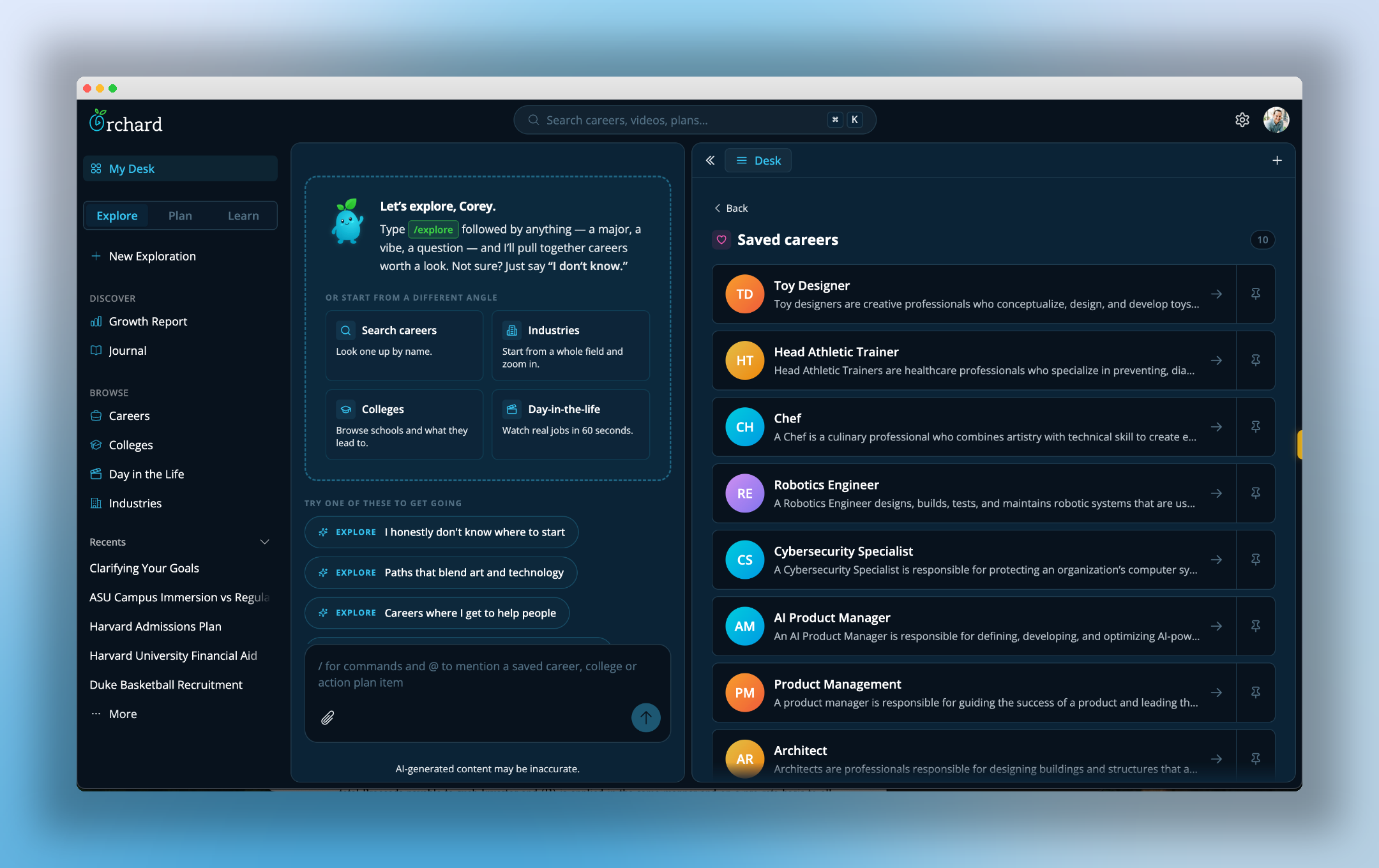Orchard dashboard showing Orchie explore view and saved careers